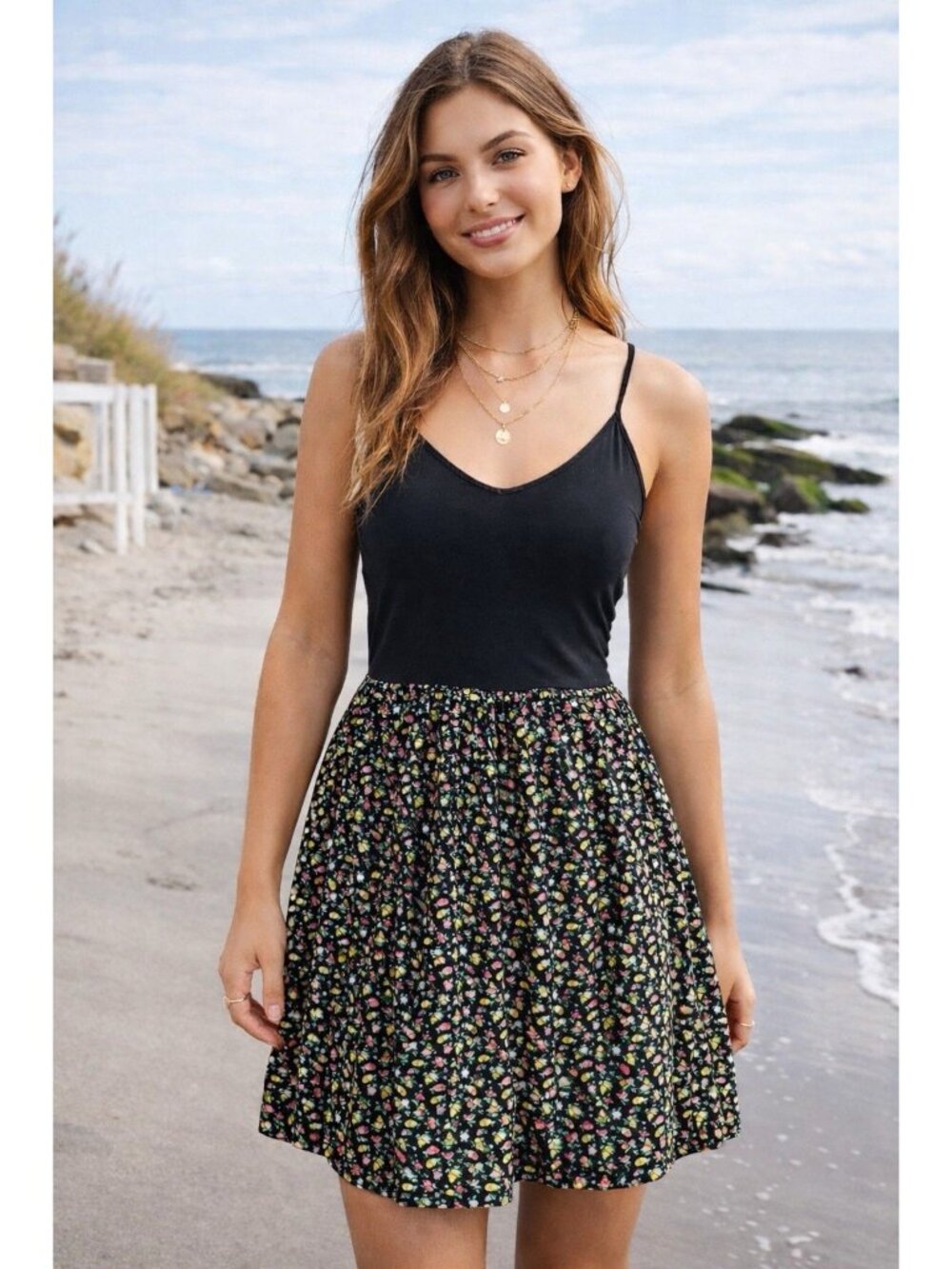 Victorias Secret PINK Womens Sundress Sz Medium Black Floral Dress Strappy Back